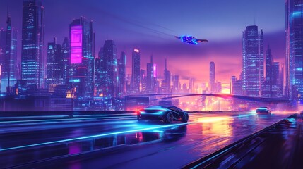 Fototapeta premium A futuristic city with neon lights and a car driving down a highway.