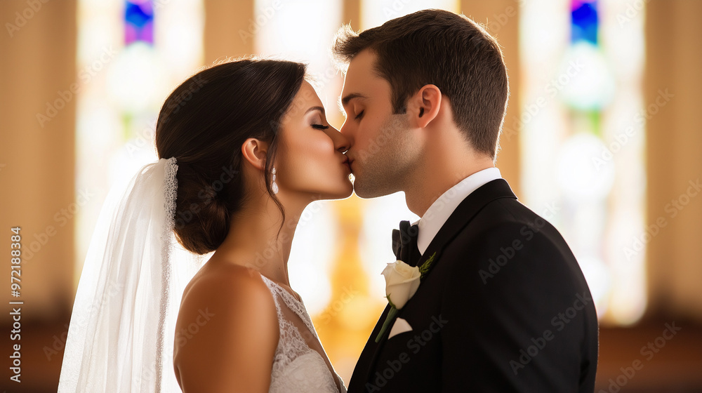 Wall mural Bride and groom sharing a first kiss at the church altar, soft light illuminating their faces, stained glass colors reflected 