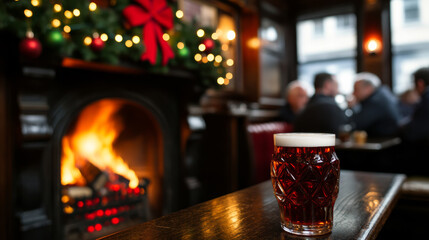 Boxing Day celebration in a quaint pub with a roaring fireplace, holiday decorations, and locals enjoying drinks 