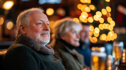 Obraz premium Boxing Day celebration in a quaint pub with a roaring fireplace, holiday decorations, and locals enjoying drinks 