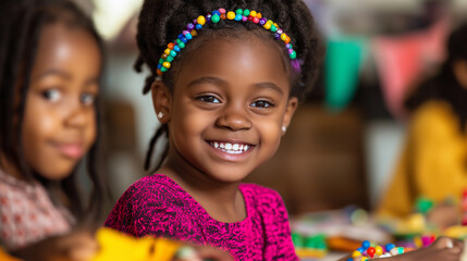Children making Kwanzaa crafts, creating decorations with colored paper and beads, happy and engaged faces 