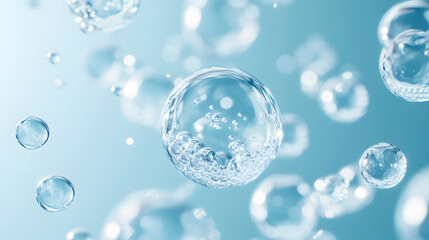 Delicate hyaluronic acid bubbles suspended in a crystal-clear serum, reflecting light as they float alongside