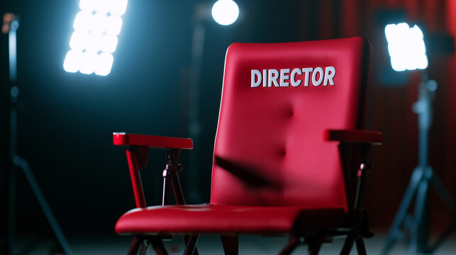 Classic cinema director&rsquo;s chair with the word DIRECTOR printed on the back, set on a movie set, lights and camera equipment around 