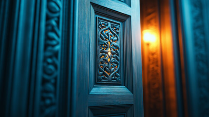 Close-up of a wooden confessional booth with an open door, intricate carvings and soft light glowing inside 