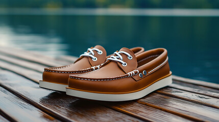 Close-up of classic boat shoes made of brown leather with white laces, resting on a wooden dock by the water 