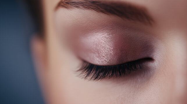 Close-up of demure eyes looking downward, framed by long lashes, soft blush and natural makeup 