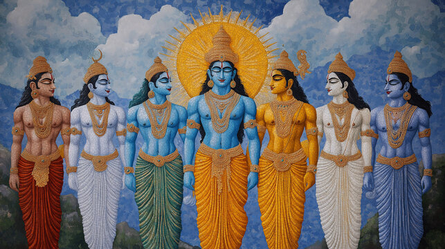 Colorful mural of the ten incarnations of Lord Vishnu, from Matsya the fish to Kalki the warrior, against a celestial backdrop 