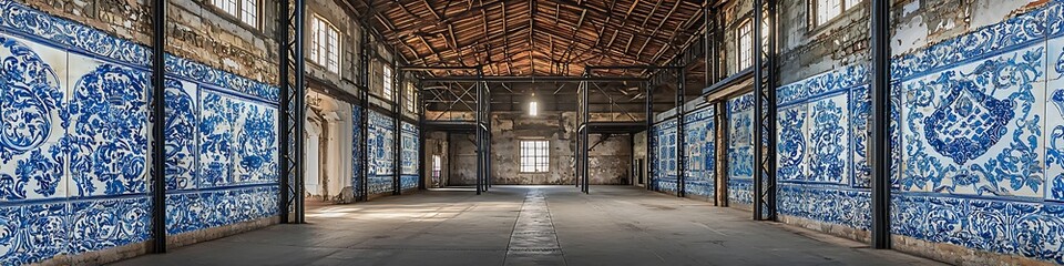 Fototapeta premium Blue azulejo tiles and iron beams enhance the historical charm of this Portuguese warehouse.