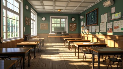 Fototapeta premium A bright, empty classroom with wooden desks, large windows, and educational materials.