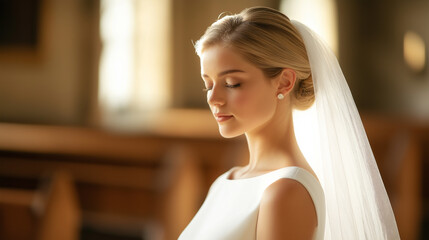 Naklejka premium Demure bride with a simple white gown, delicate veil over her face, standing in a sunlit chapel 