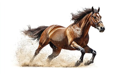 A brown horse runs with its mane and tail flowing in the wind