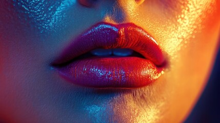 Close-up of glossy, colorful lips with dramatic lighting.