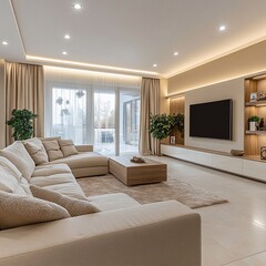 The stylish boho compostion at living room interior with design gray sofa, wooden coffee table, commode and elegant personal accessories. Honey yellow pillow and plaid. Cozy apartment. Home decor