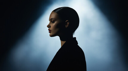Dramatic silhouette of a model on the New York Fashion Week runway, powerful backlighting, dark and moody atmosphere 