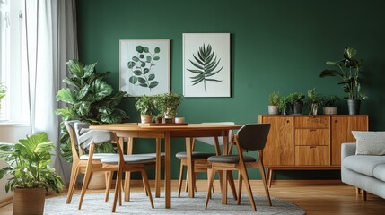 Obraz premium Mint-colored chairs around a round wooden dining table in a living room with a sofa and cabinet near a green wall