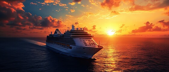 Naklejka premium A majestic cruise ship sailing into a stunning sunset over the ocean, creating a serene and picturesque travel scene.