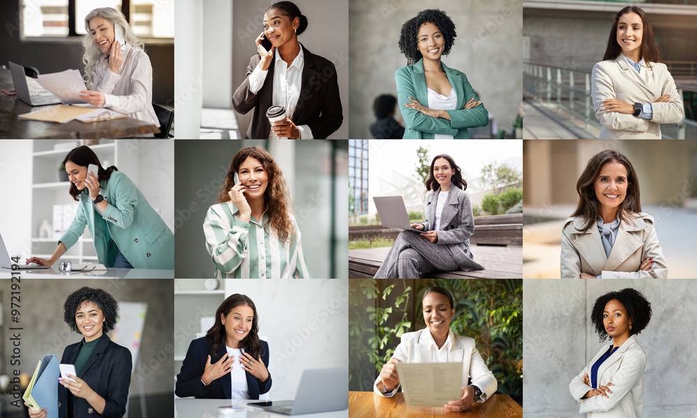 Aufkleber A group of professional women is depicted actively engaging in different work-related tasks within a modern office environment. Some are on phone calls, while others are using laptops