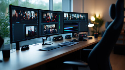 Film editing suite with multiple screens showing scenes from different movies, various editing tools visible 