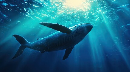 Fototapeta premium A majestic whale gliding gracefully through crystal-clear water, illuminated by sun rays, showcasing oceanic beauty.