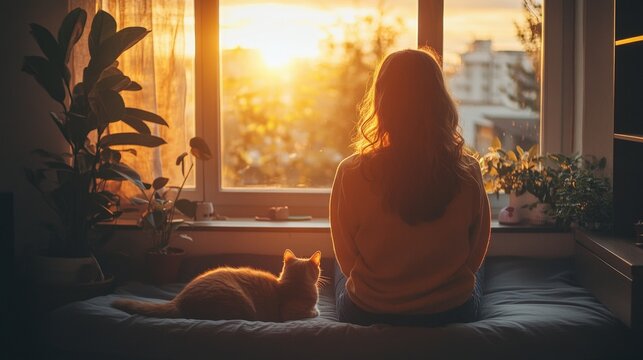 young girl in the living room of her apartment sitting in front of the window looking at the landscape with cat lying comfortably near her, the atmosphere of the sunset in a cozy home environment