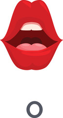 Red lips pronouncing the vowel letter o, learning the correct pronunciation of the letter o