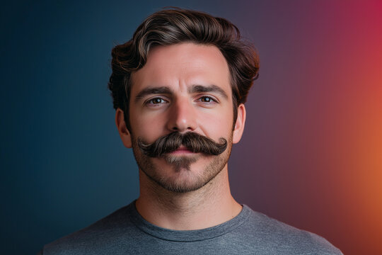 Handsome man sporting a thick mustache and a Movember t-shirt exuding an air of confidence and masculinity against a gradient background 