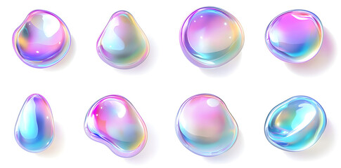 3D iridescent holographic liquid bubbles set isolated on white background