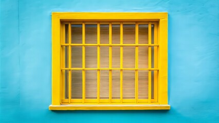 Vibrant yellow window frame with horizontal bars cuts through the calm of a light blue background, adding a
