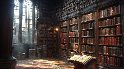 A quiet moment in an ancient library, a person surrounded by dusty, leather-bound books in an aged wooden bookcase, warm light streaming from high windows,