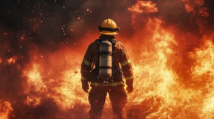 A firefighter in full gear stands in front of a raging inferno.
