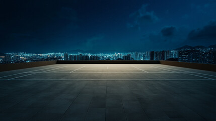 Lonely roofball on an empty rooftop court at night with distant city lights and a starry sky 