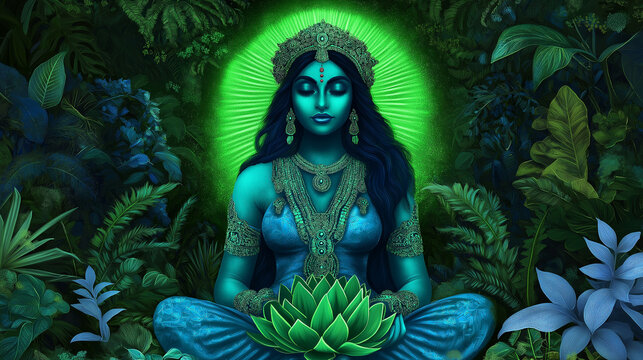 Magnificent depiction of Goddess Bhudevi, the earth goddess, with a green aura, seated on a lotus, surrounded by flora and fauna 
