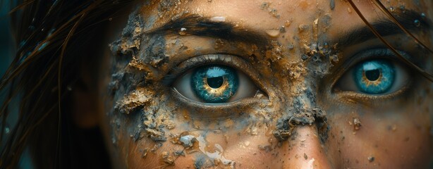 This image presents a detailed closeup of an individual s face, characterized by striking blue eyes that are notably covered in dirt