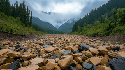 Massive landslide with rocks, trees, and debris tumbling down a mountainside, with a cloudy sky overhead 