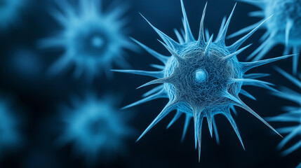 Microscopic close-up of fuzzy virus particles resembling sloth fur with electric blue background and data overlays 