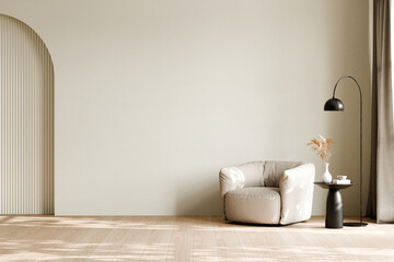 Modern minimalist living room with armchair and lamp. 3d render.