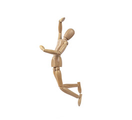 Wooden human figure jumping in sign of joy. PNG with transparent background. Concept of joy and happiness