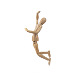 Wooden human figure jumping in sign of joy. PNG with transparent background. Concept of joy and happiness