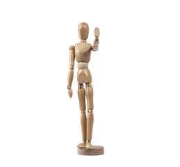 Wooden dummy representing a person making the stop gesture with his hand. PNG with transparent background. Concept of stop, stop, gesture and restriction