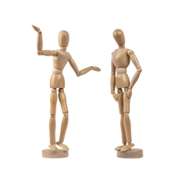 Wooden figures representing an arguing couple. PNG with transparent background. Concept of couple, argument and conflict