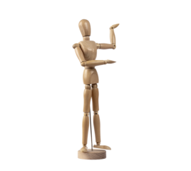 Wooden dummy with human shape pointing sideways and upwards. PNG with transparent background. Concept of indication, attention and representation