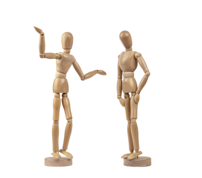 Wooden figures representing an arguing couple. PNG with transparent background. Concept of couple, argument and conflict