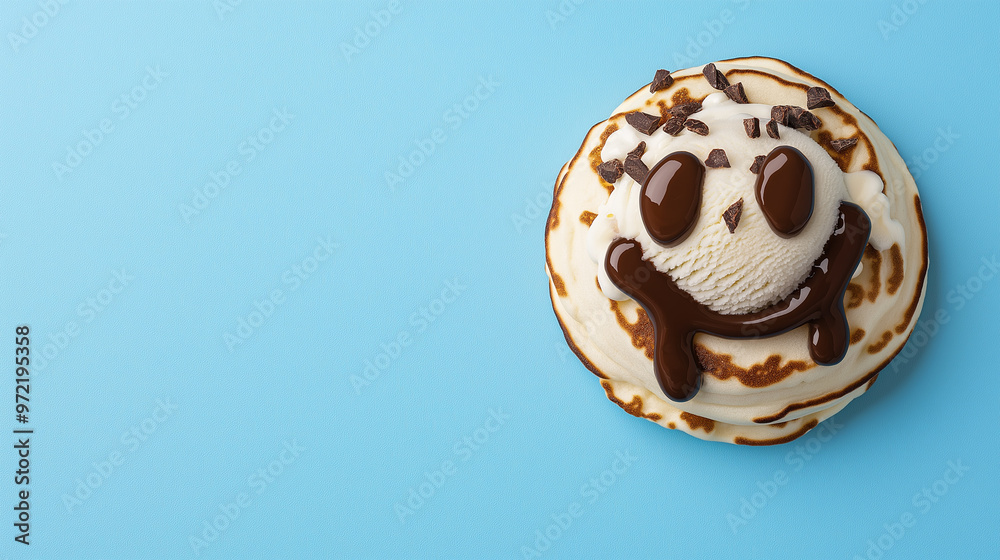 Canvas Prints Pancake art with ice cream scoops and melted chocolate shaped like a smiley face, on a light blue background 