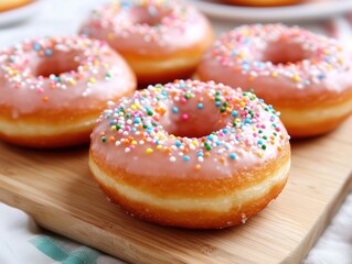 Glazed donuts with colorful sprinkles on a wooden board