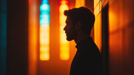 Person exiting a confessional booth with a thoughtful expression, church interior softly lit, stained glass reflections 