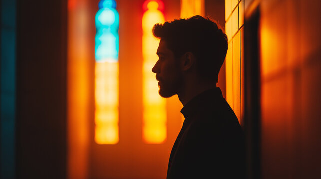 Person exiting a confessional booth with a thoughtful expression, church interior softly lit, stained glass reflections 