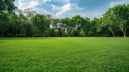 Background texture of clean and wellmaintained grass lawn with a variety of trees in the background against beautiful sky Vacant ground or empty unpowered campsite in a park Copy space