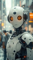 A humanoid robot with glowing eyes in a bustling urban setting.