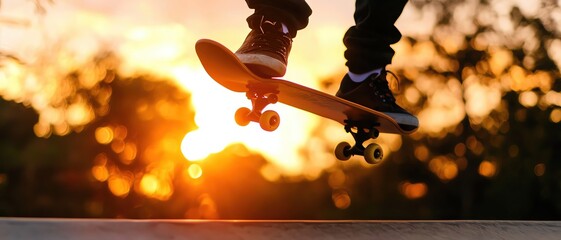 A skateboarder performing a trick at sunset, capturing the thrill of skateboarding against a glowing backdrop of nature.