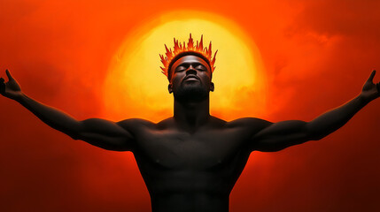 Radiant African sun god with a fiery crown, arms outstretched towards a blazing orange horizon 